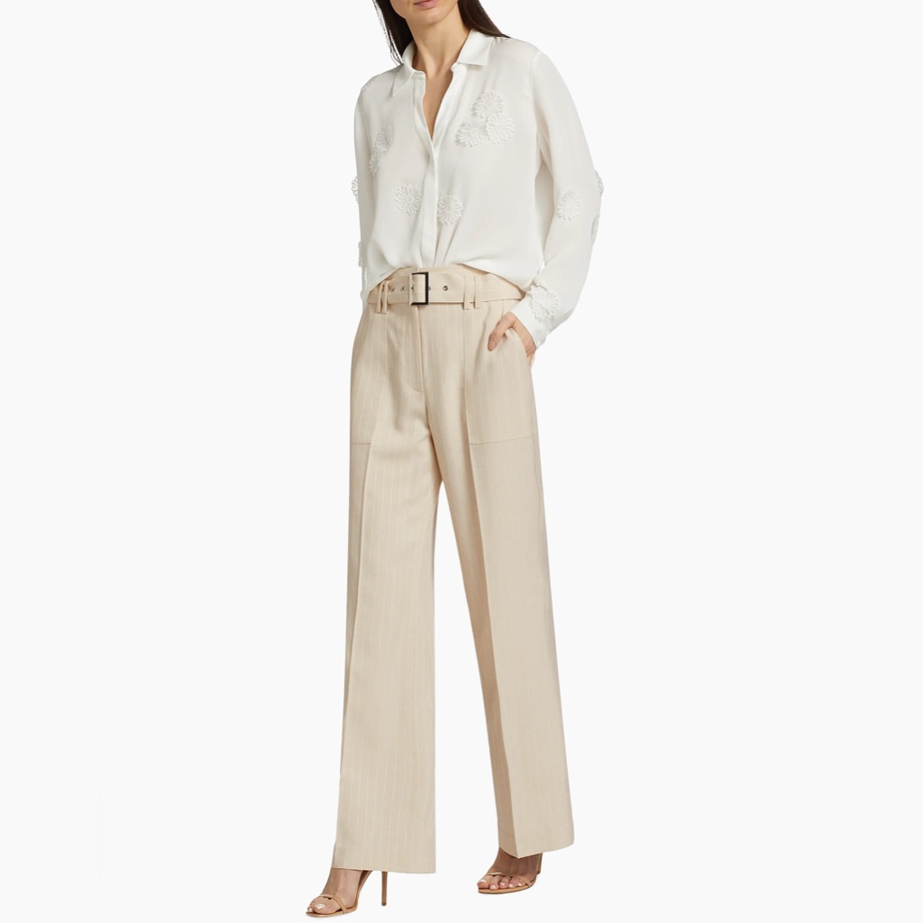 Elie Tahari Diana Pinstriped Belted Pants Sand And White Stripe Size 8 Nwt $345